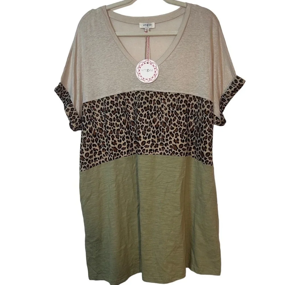 NWT Umgee Linen Blend Cheetah Print Lightweight Boho T-shirt Mini Dress S - Picture 1 of 12